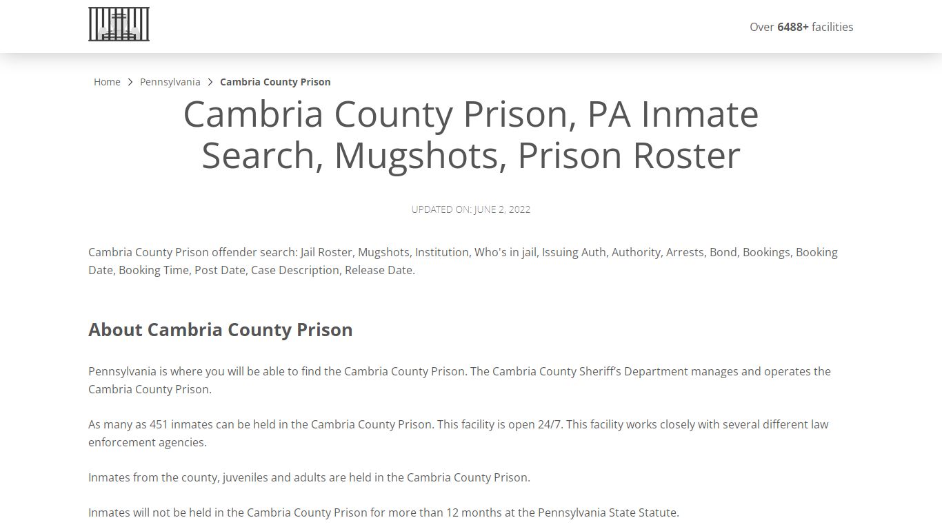 Cambria County Prison, PA Inmate Search, Mugshots, Prison ...